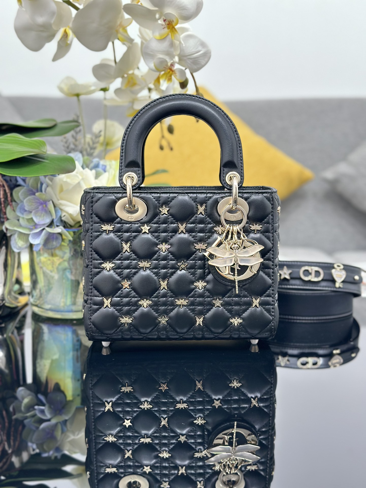 Small Lady Dior Bag Black Lambskin with Dragonfly Nail